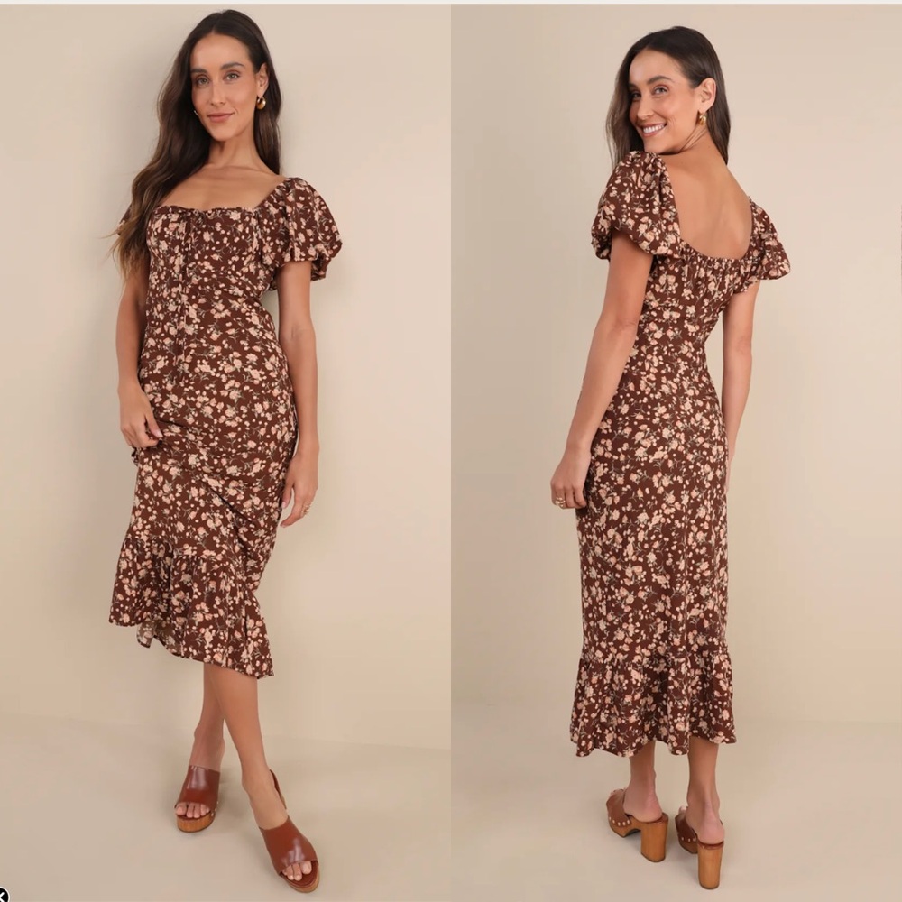NWT Lulus Remarkably Flourishing Brown Floral Puff Sleeve Midi Dress Size L